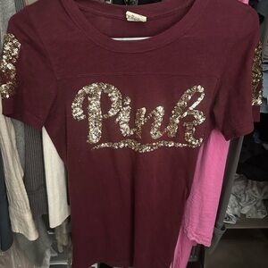 PINK Victoria's Secret Burgundy Tee with Gold Sequins